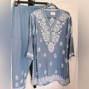 Gray and White Embroidered Kurta Set